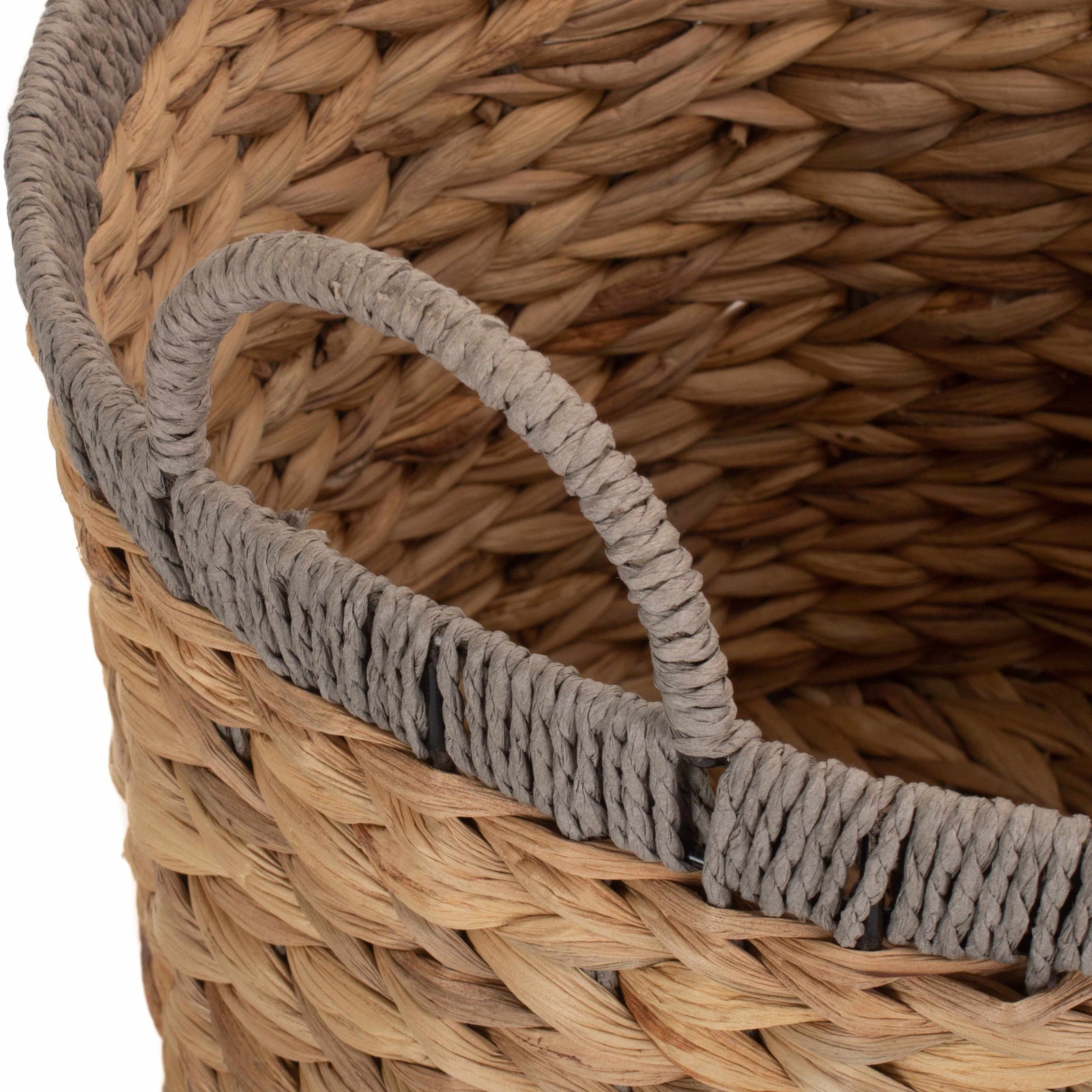 Round Water Hyacinth Basket With Grey Rope Border | Small | Brown