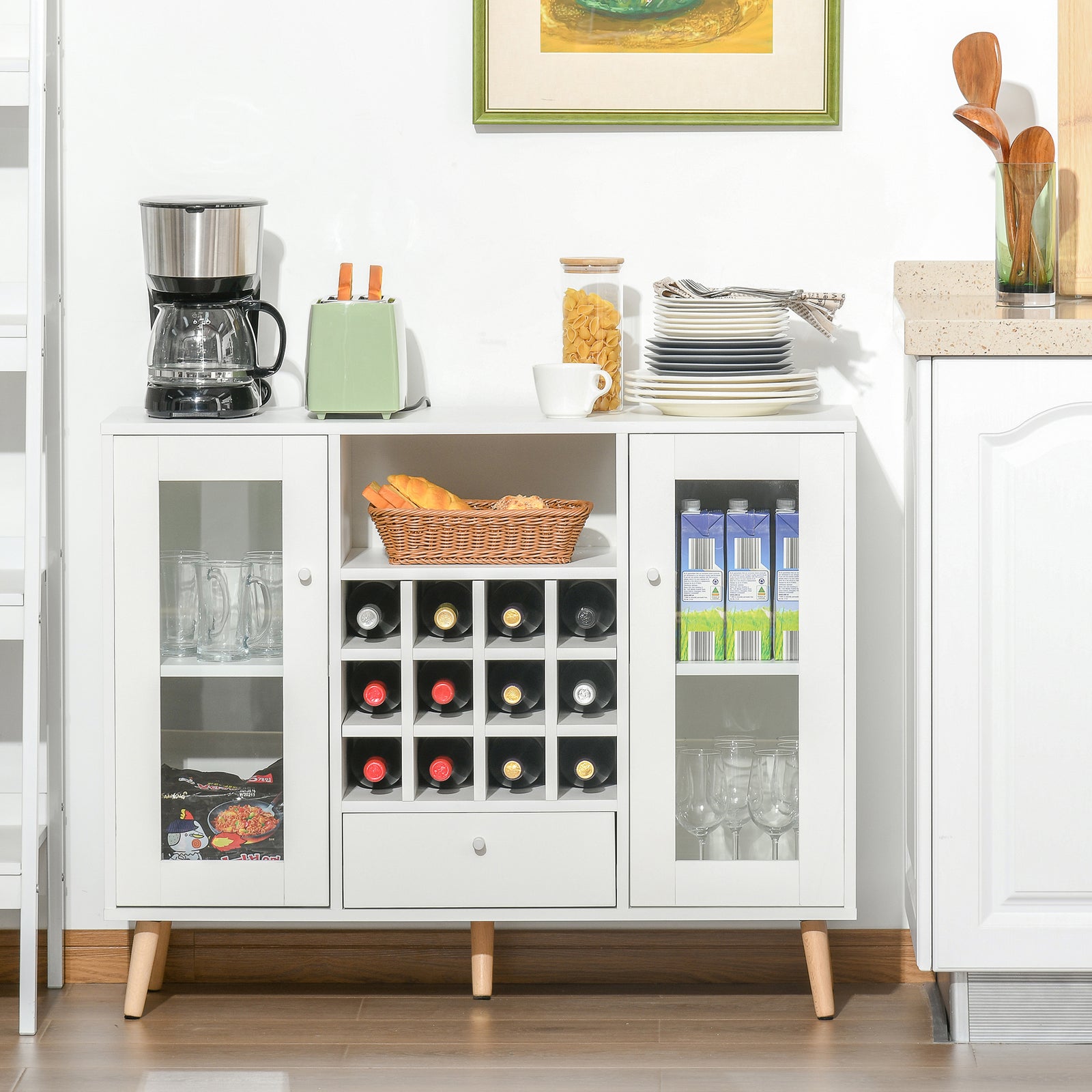 Sideboard Cabinet Kitchen Cupboard With Glass Door, Drawer