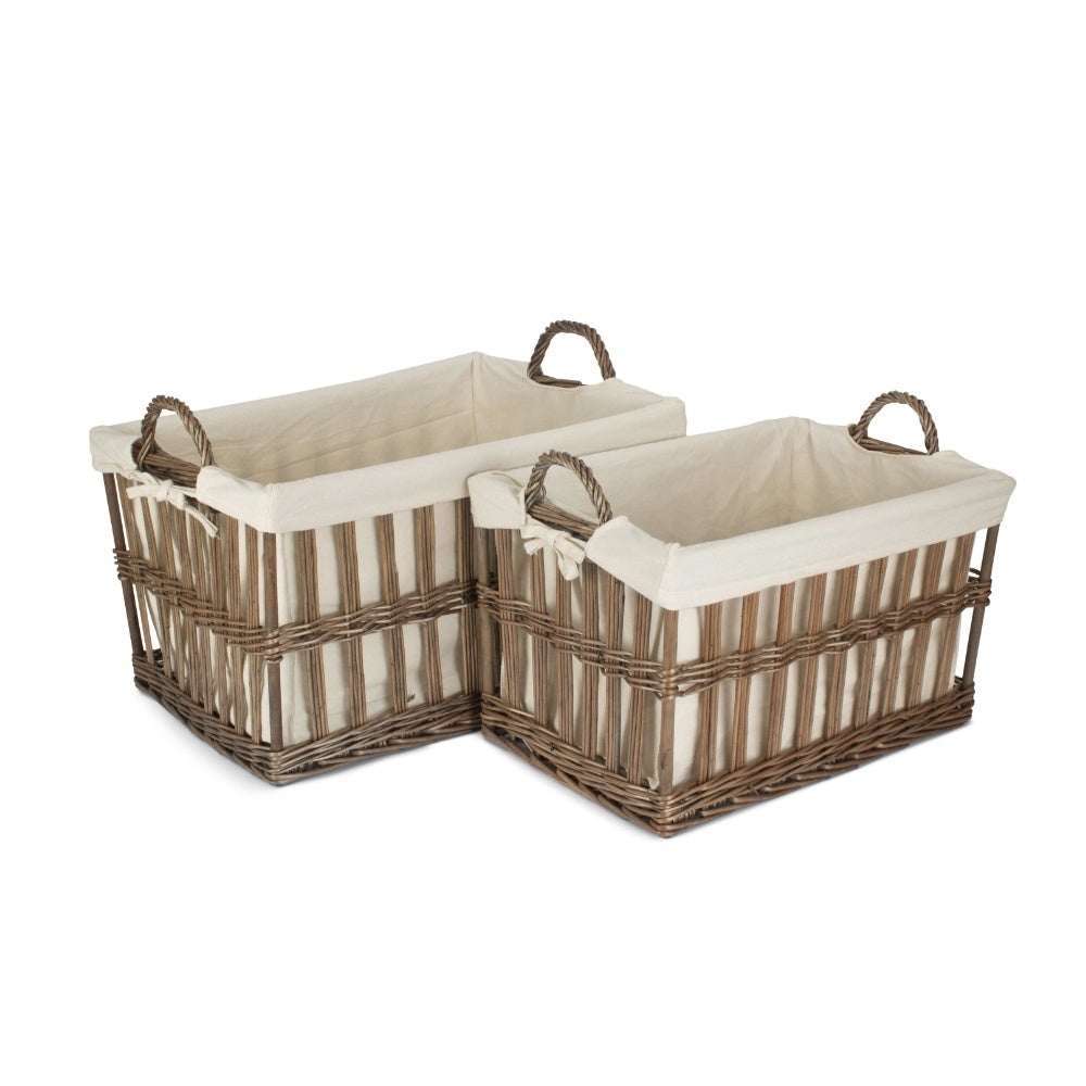 White Cotton Lined Malmo Openwork Laundry Baskets | Set-of-2 | Brown