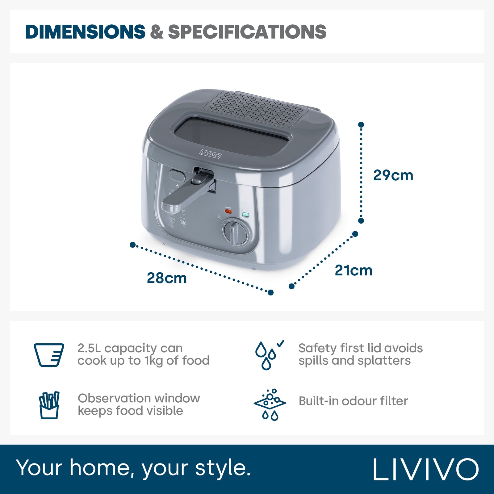 Livivo 2.5l Electric Deep Fat Fryer - Grey