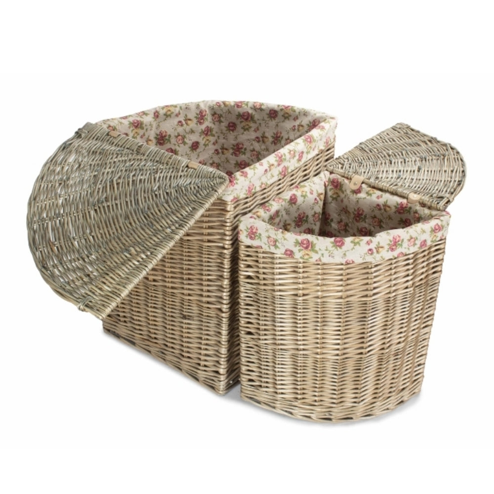 Rose Cotton Lined Antique Wash Wicker Corner Laundry Basket | Set-of-2 | Pink