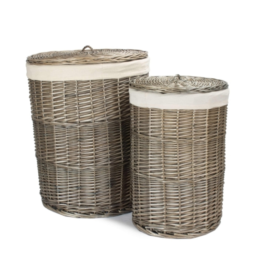 White Cotton Lined Wicker Antique Wash Round Laundry Baskets | Set-of-2 | White