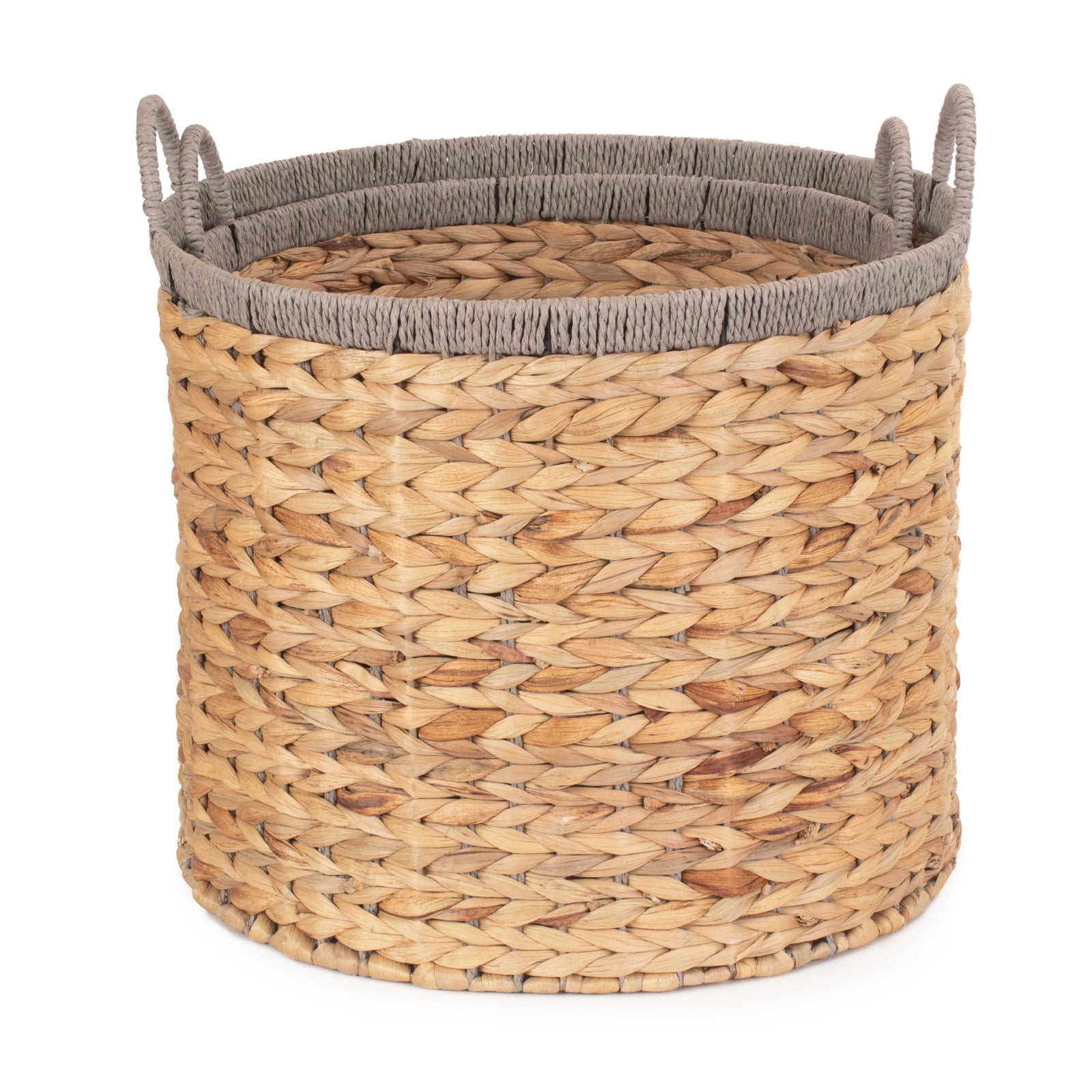 Round Water Hyacinth Basket With Grey Rope Border | Set-of-2 | Brown