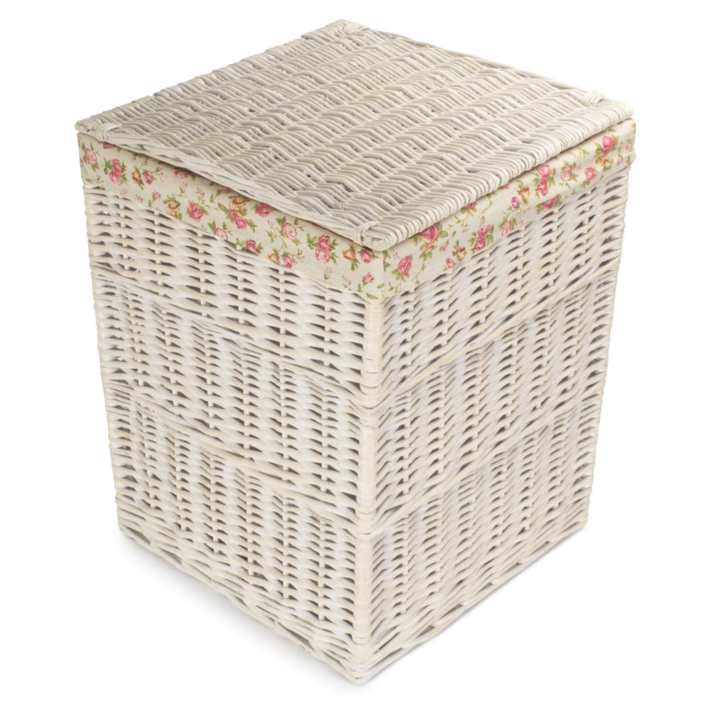 Oatmeal Cotton Lined Square White Wash Wicker Laundry Basket | Large | Pink