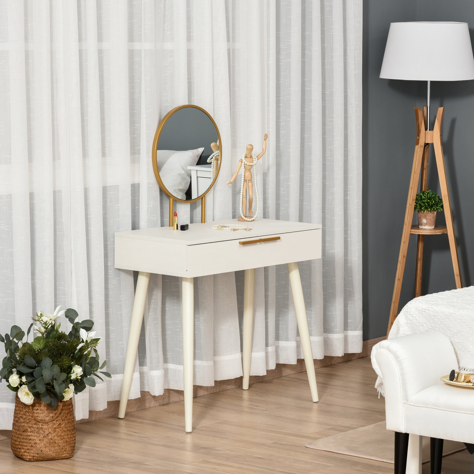 Modern Dressing Table W/ 2 Drawers Round Mirror Bedroom