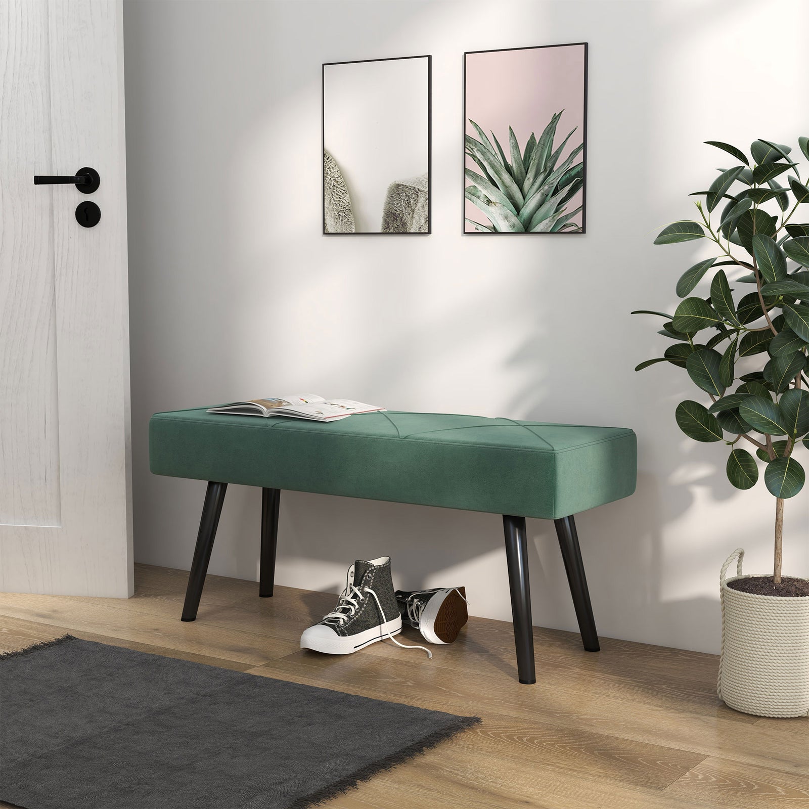 End Of Bed Bench Upholstered Hallway Bedroom With Steel Legs | One Size | Green