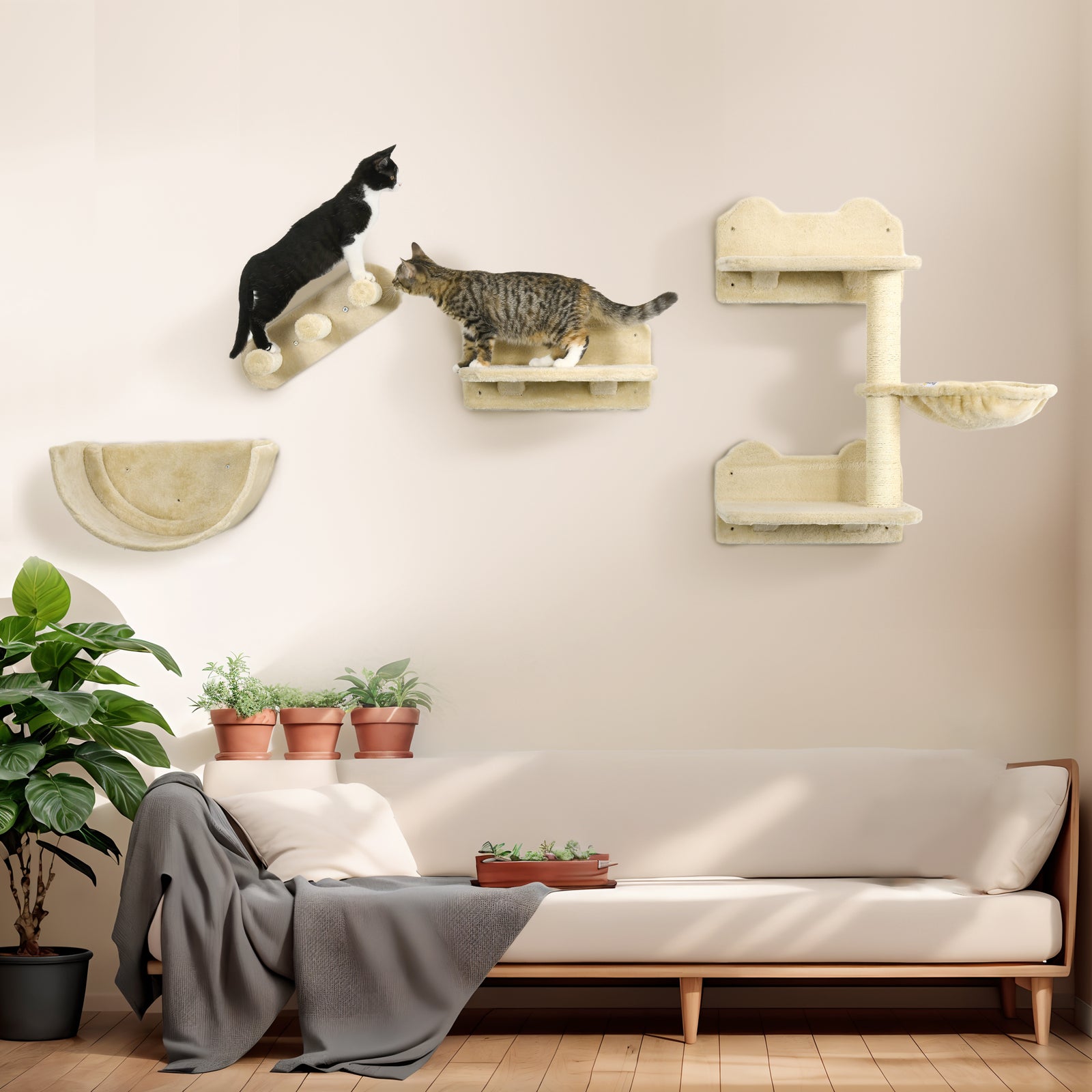 4pcs Wall Mounted Cat Tree Cat Wall Shelves W/ Scratching Post | Beige