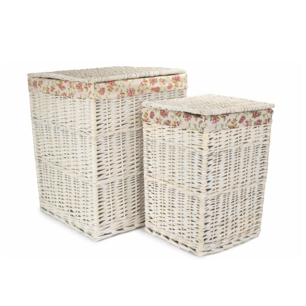 Oatmeal Cotton Lined Square White Wash Wicker Laundry Basket | Set-of-2 | Pink