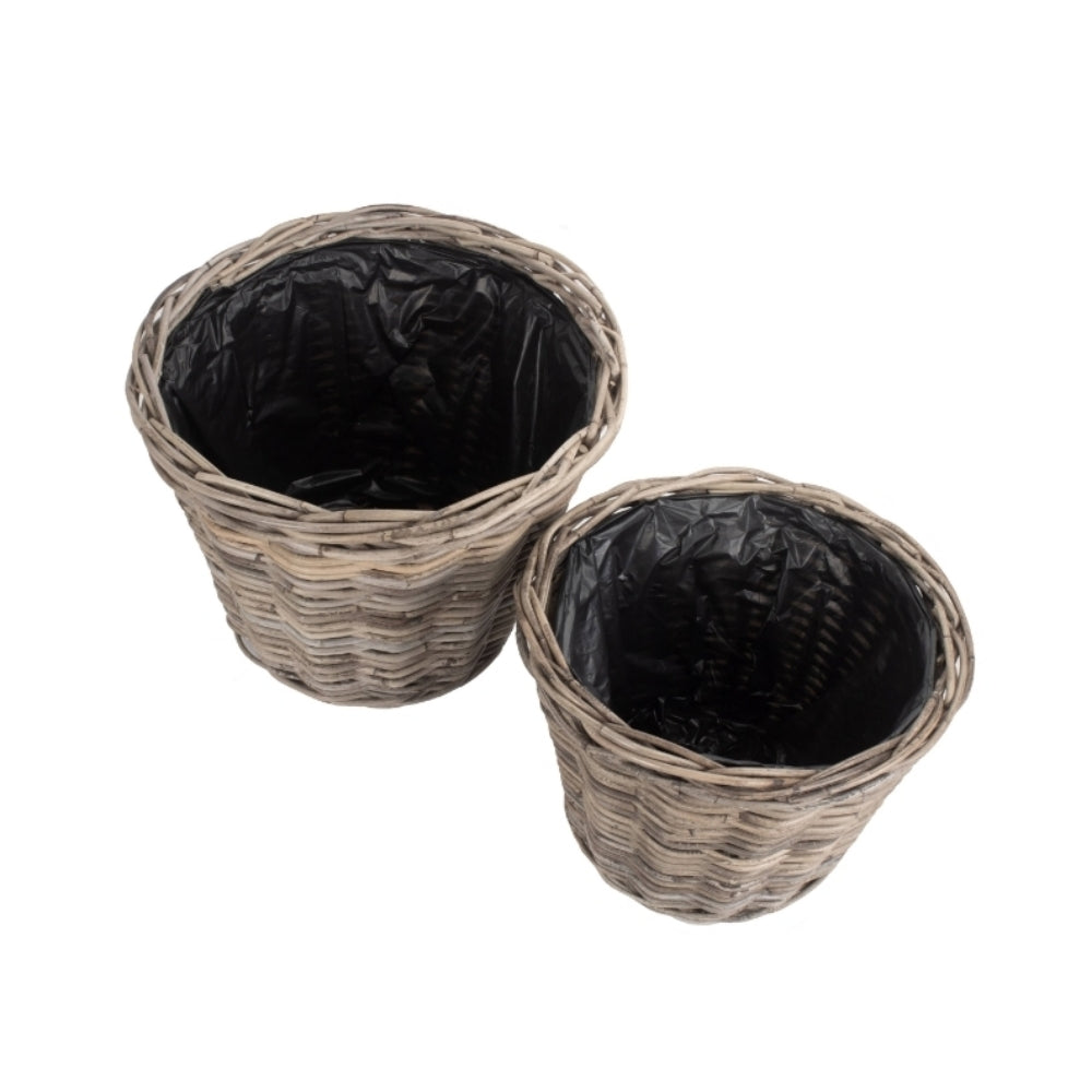 Tapered Rattan Round Planter With Plastic Lining | Set-of-2 | Brown