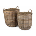 Cordura Lined Tall Round Fireside Grey Rattan Log Basket | Set-of-2 | Brown