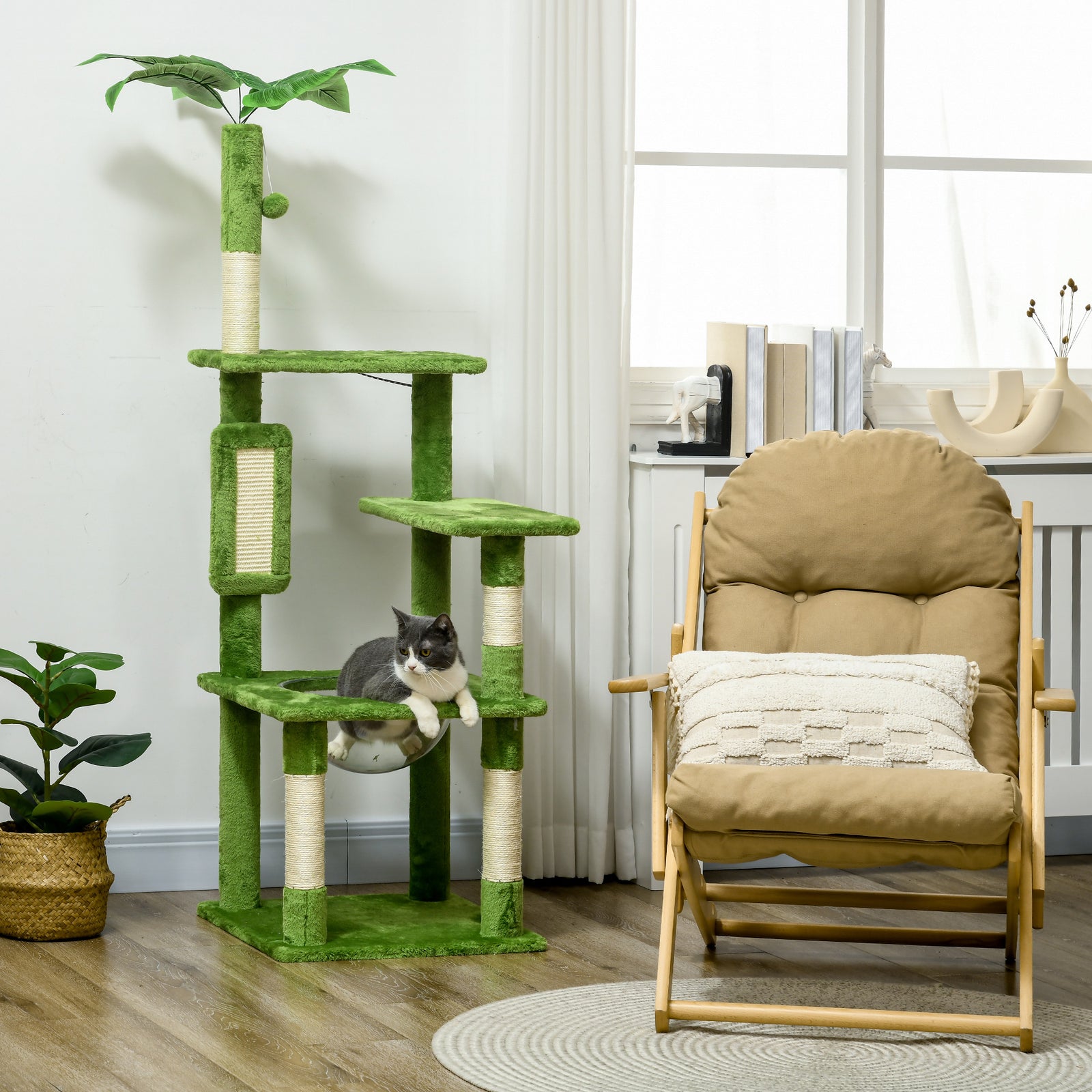 142cm Cat Tree Tower W/ Scratching Post, Hammock, Ball, Platforms, Green