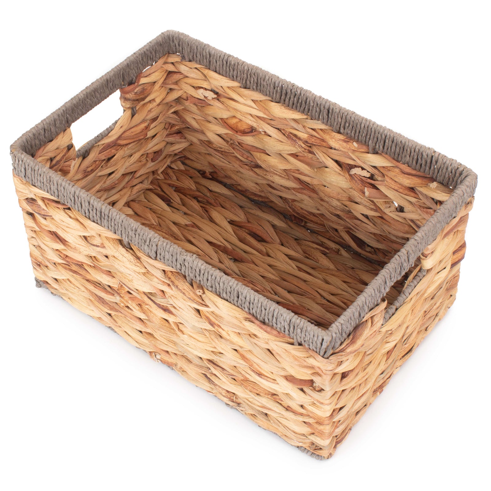 Water Hyacinth With Grey Rope Border Rectangular Storage Basket | Small | Brown