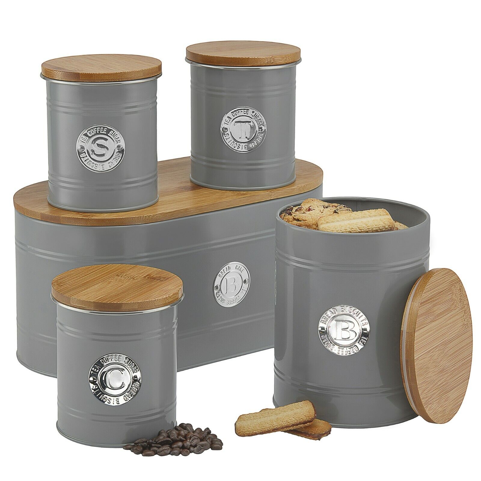 Kitchen Storage Set 5 Piece With Bamboo Lids   Grey