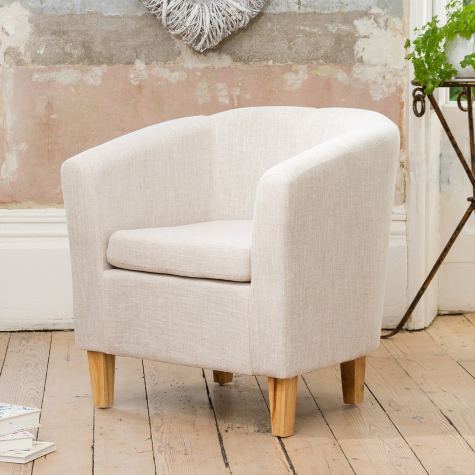 Alderwood 68cm Wide Hessian Fabric Tub Chair With Pine Coloured Legs | Antique White