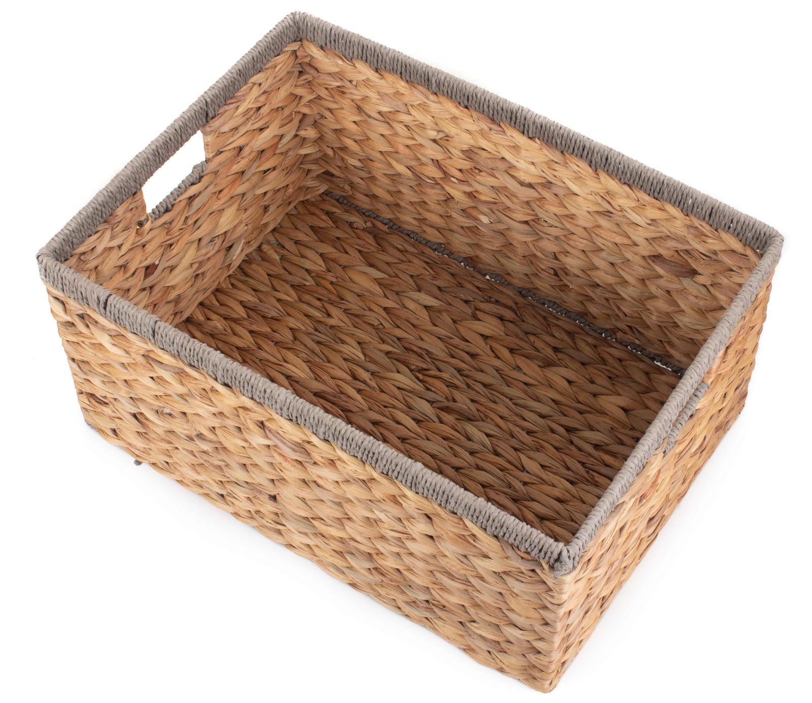 Water Hyacinth With Grey Rope Border Rectangular Storage Basket | Large | Brown