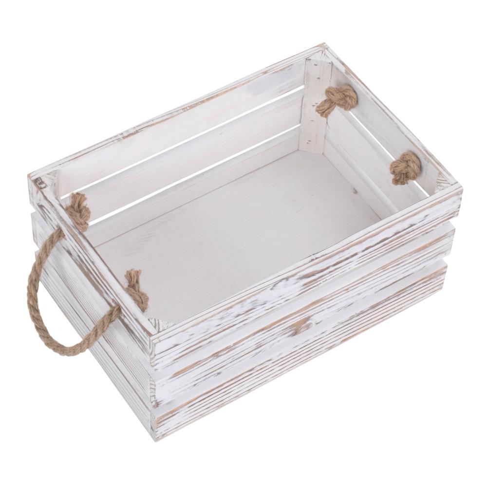 Red Hamper Distressed White Rope Handled Wooden Crate