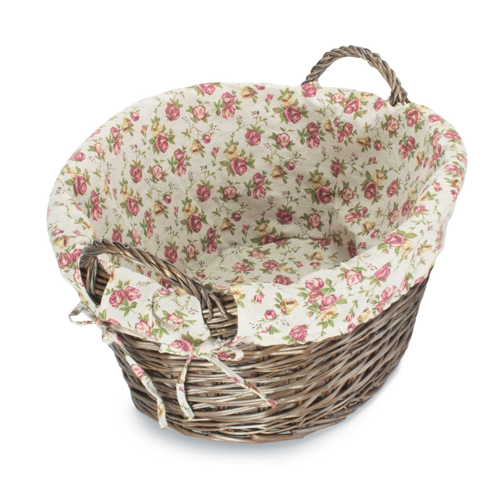 Red Hamper Wicker Antique Wash Finish Lined Wash Basket With Garden Rose Lining