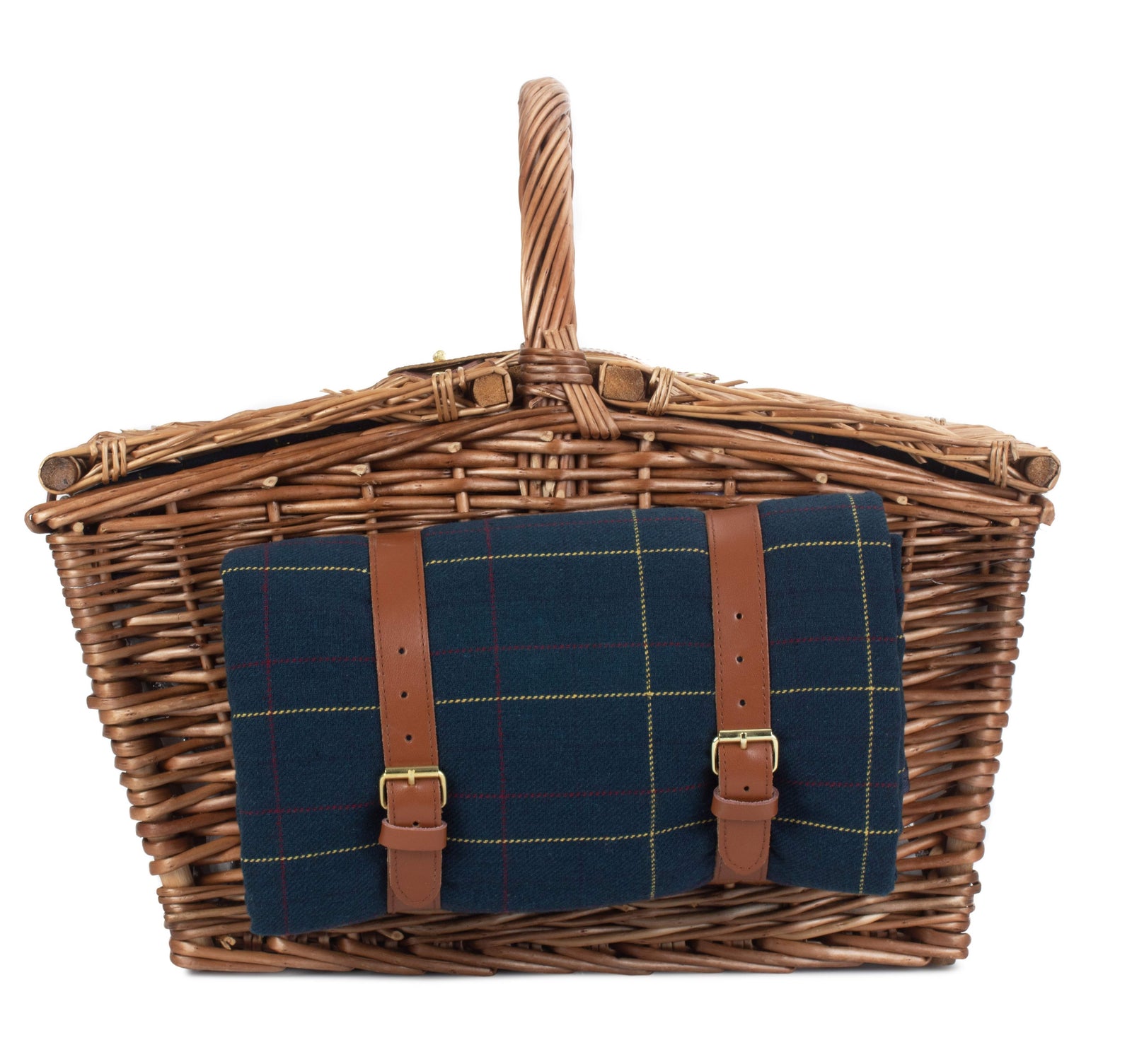 Elegant Blue Tweed Fitted Picnic Wicker Basket | 2-Person | Blue