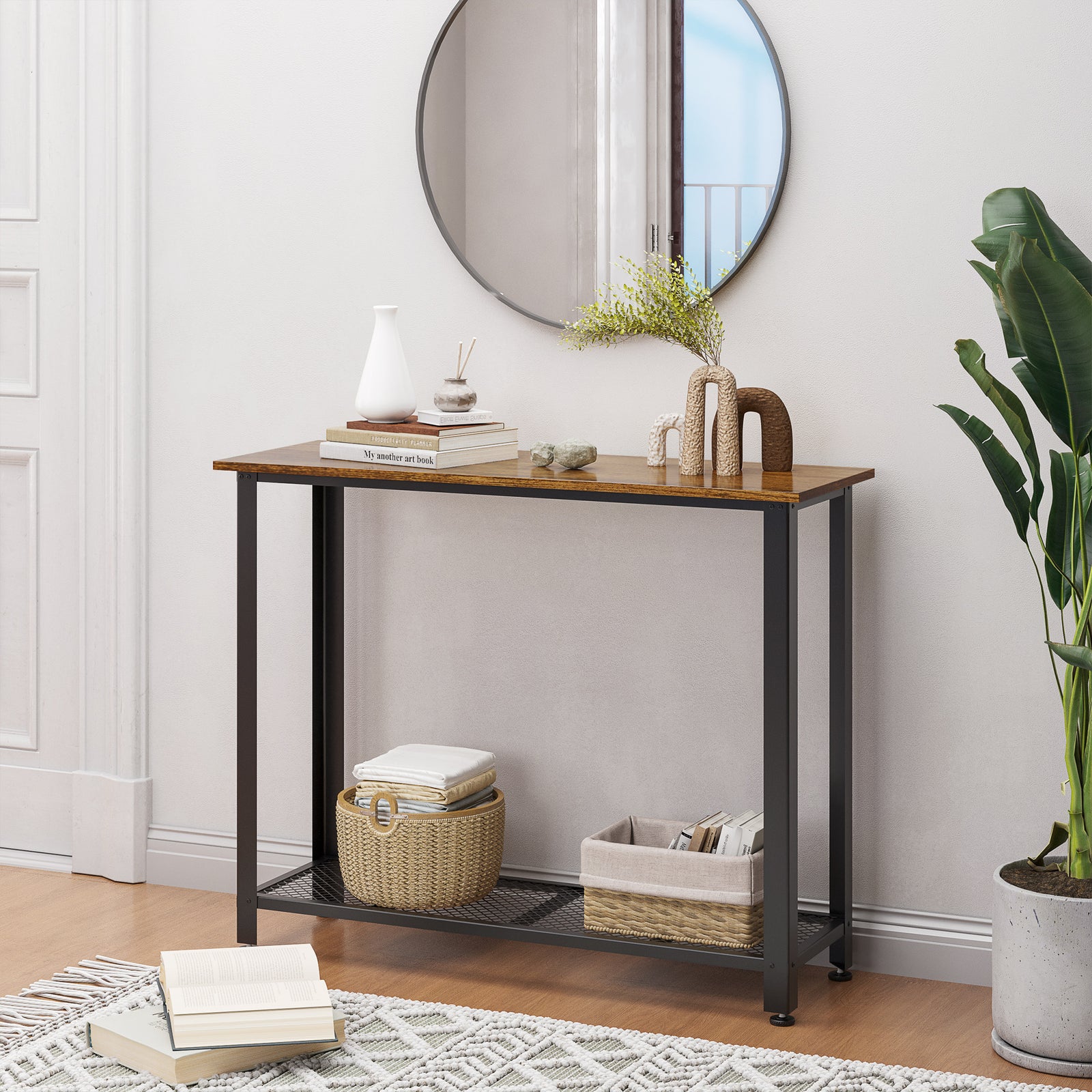 2-tier Console Table Side Table W/ Mesh Shelf Entryway