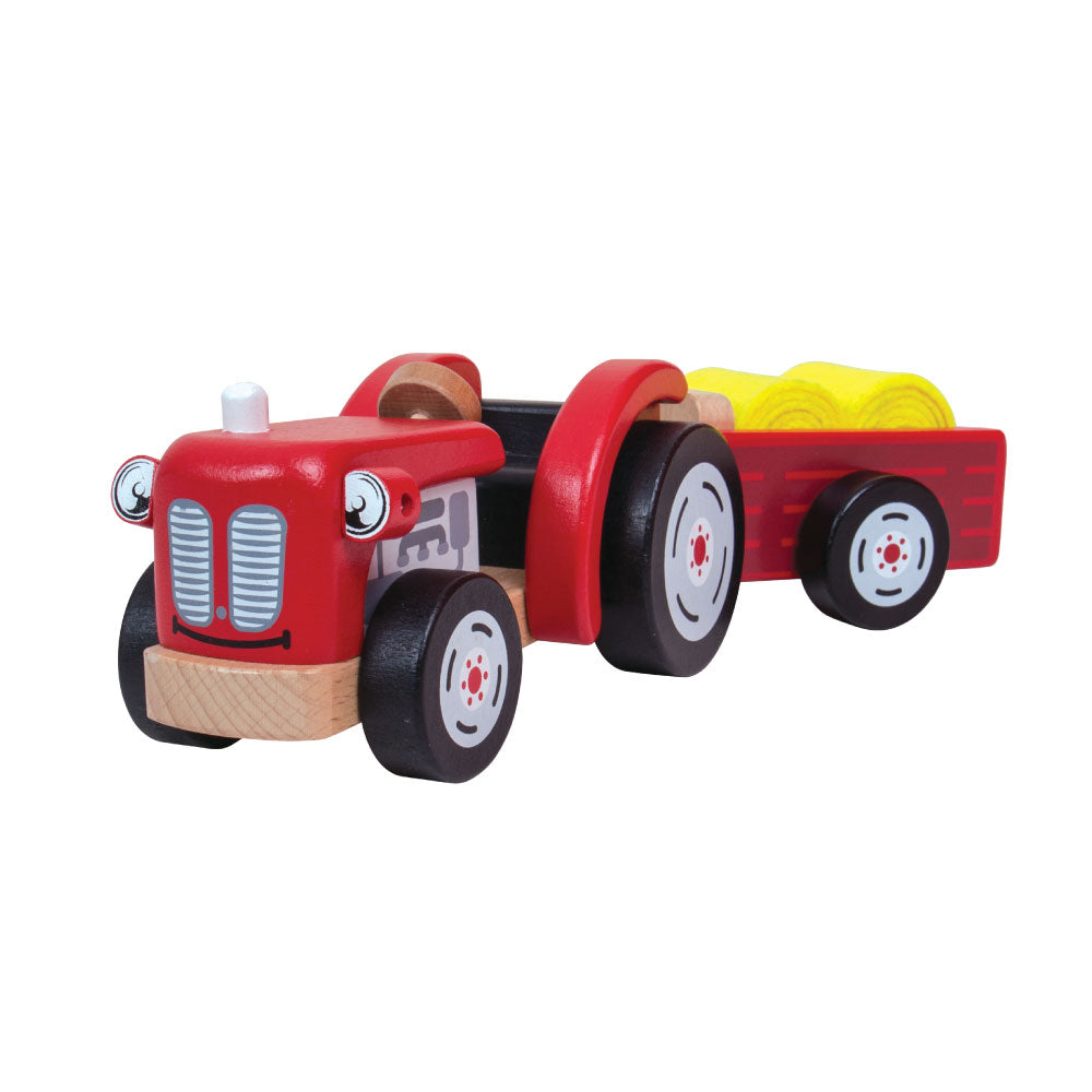 Wooden Red Tractor & Trailer Toy, Includes 2 Felt Hay Bales