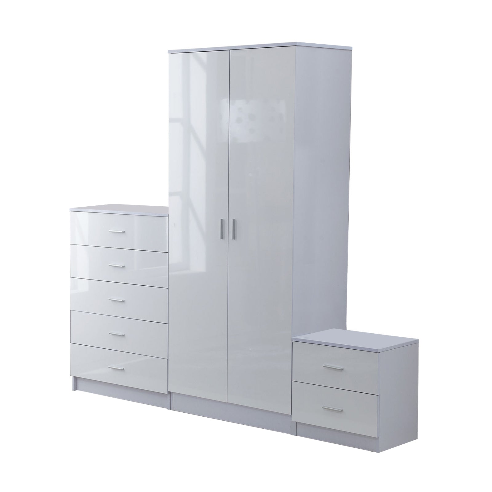 High Gloss 3 Trio Wardrobe Set Drawers Bedroom Furniture