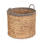 Round Water Hyacinth Basket With Grey Rope Border | Small | Brown