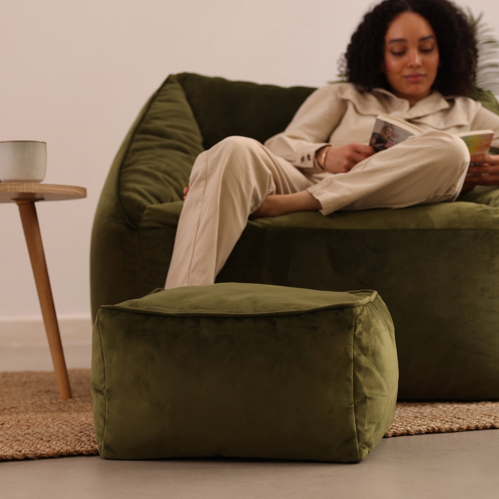 Amara Velvet Bean Bag Pouffe | Olive