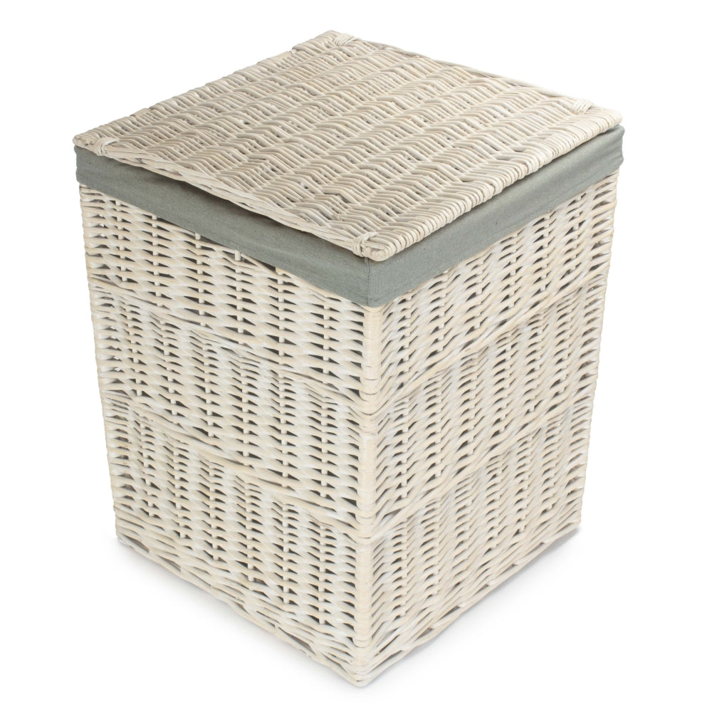 Square White Wash Laundry Hamper With Grey Sage Lining | Large