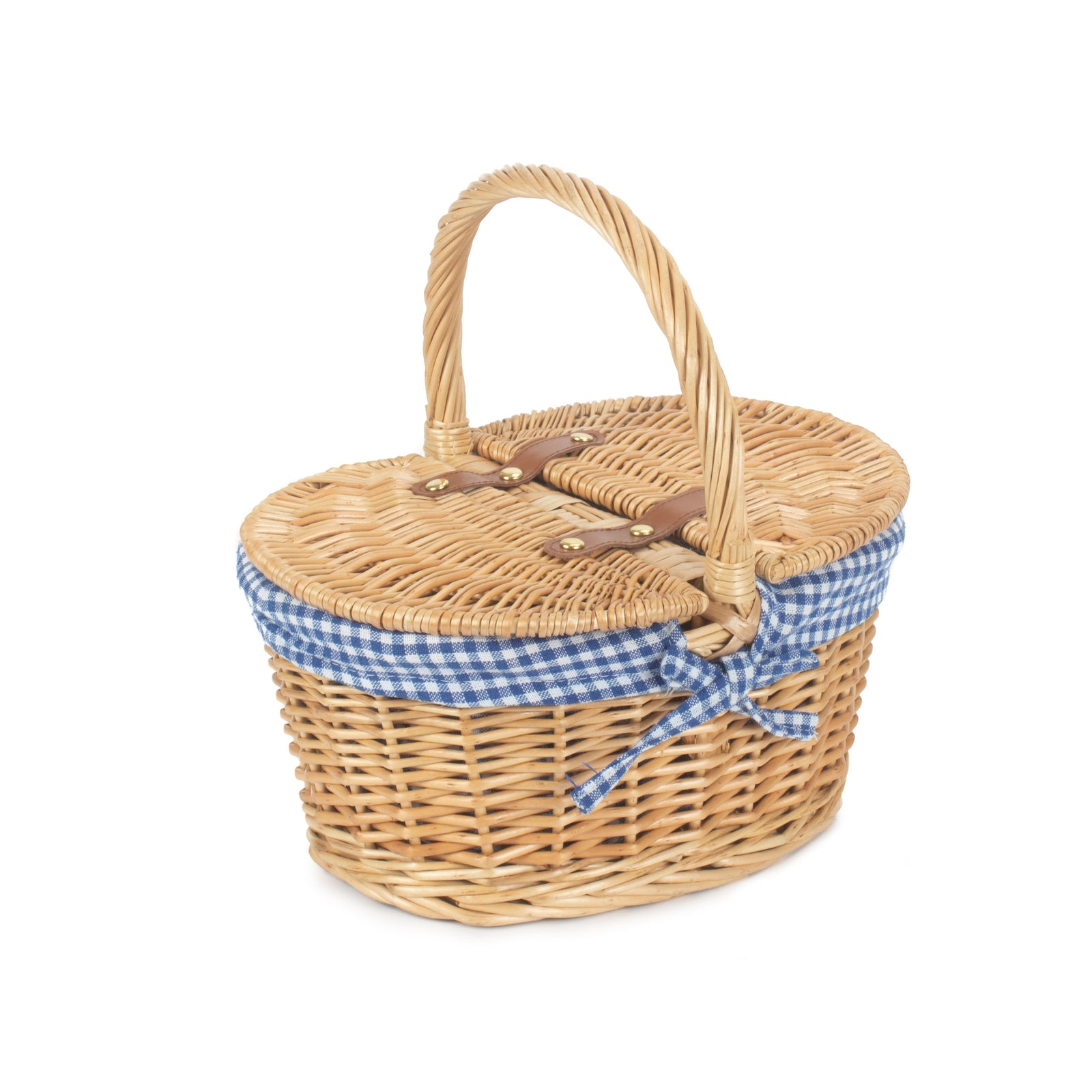 Wicker Child's Oval Blue Checked Lined Lidded Picnic Basket