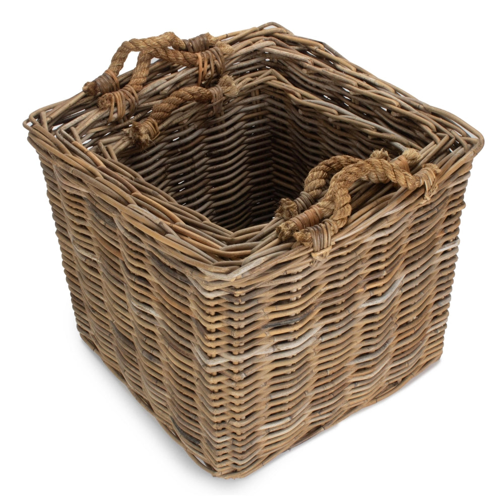 Square Grey Rattan Log Basket | Set-of-3 | Brown