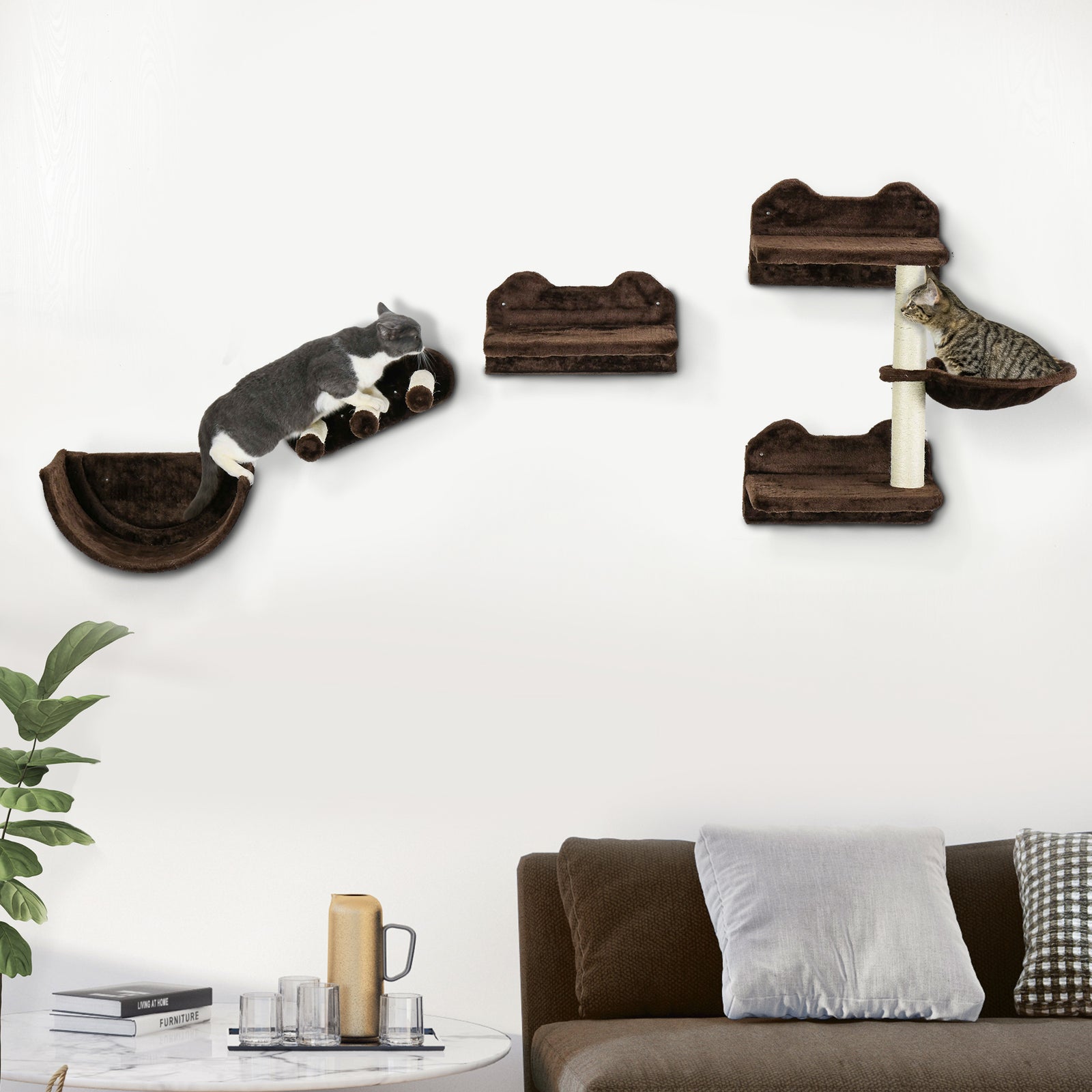 4pcs Wall Mounted Cat Tree Cat Wall Shelves W/ Scratching Post | Brown