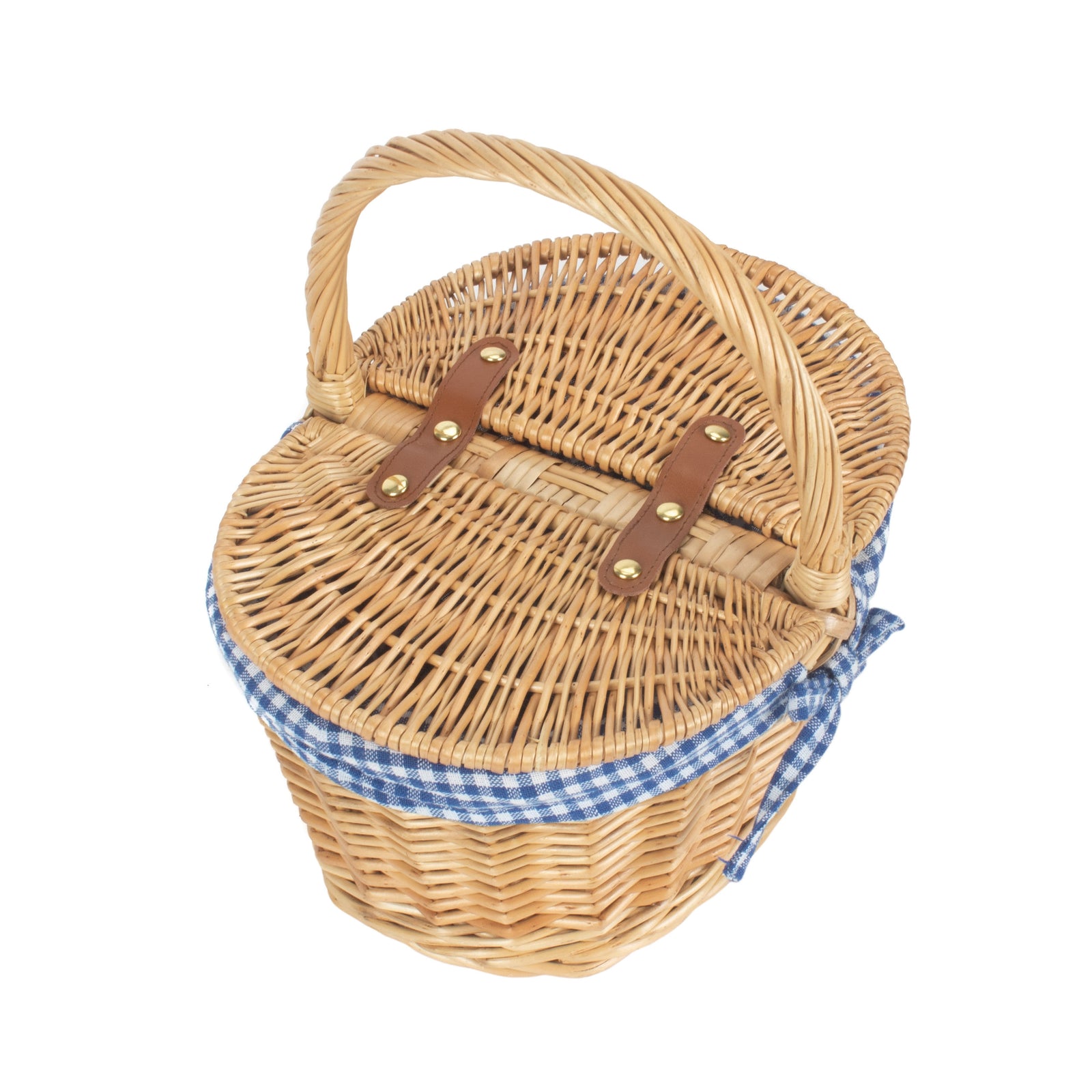 Wicker Child's Oval Blue Checked Lined Lidded Picnic Basket