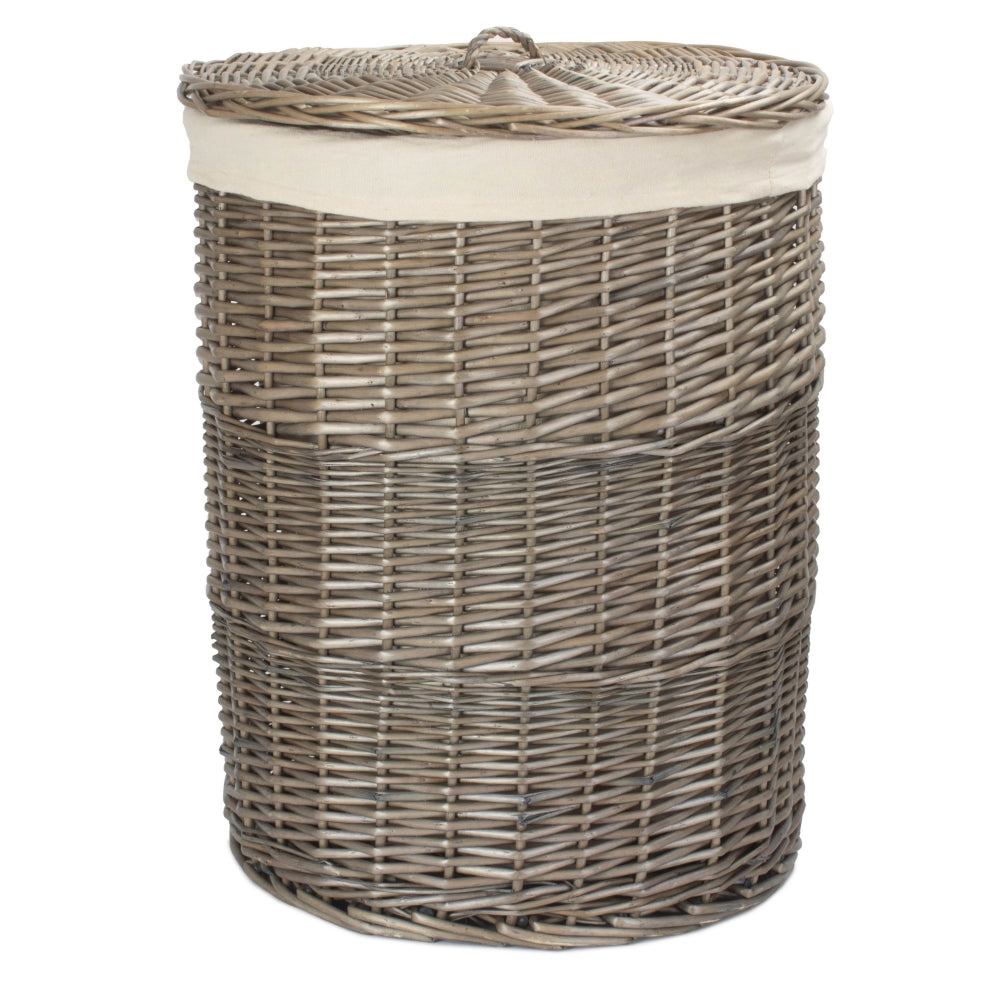 Cotton Lined Wicker Antique Wash Round Laundry Baskets | Small | White