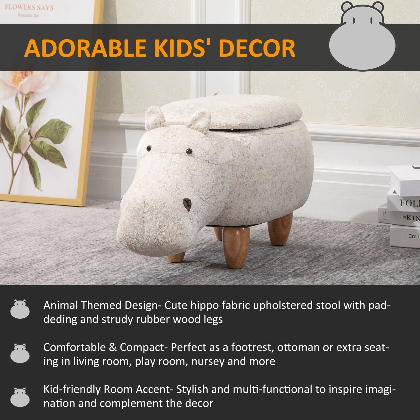 Hippo Storage Stool, Kids Decorative Footrest