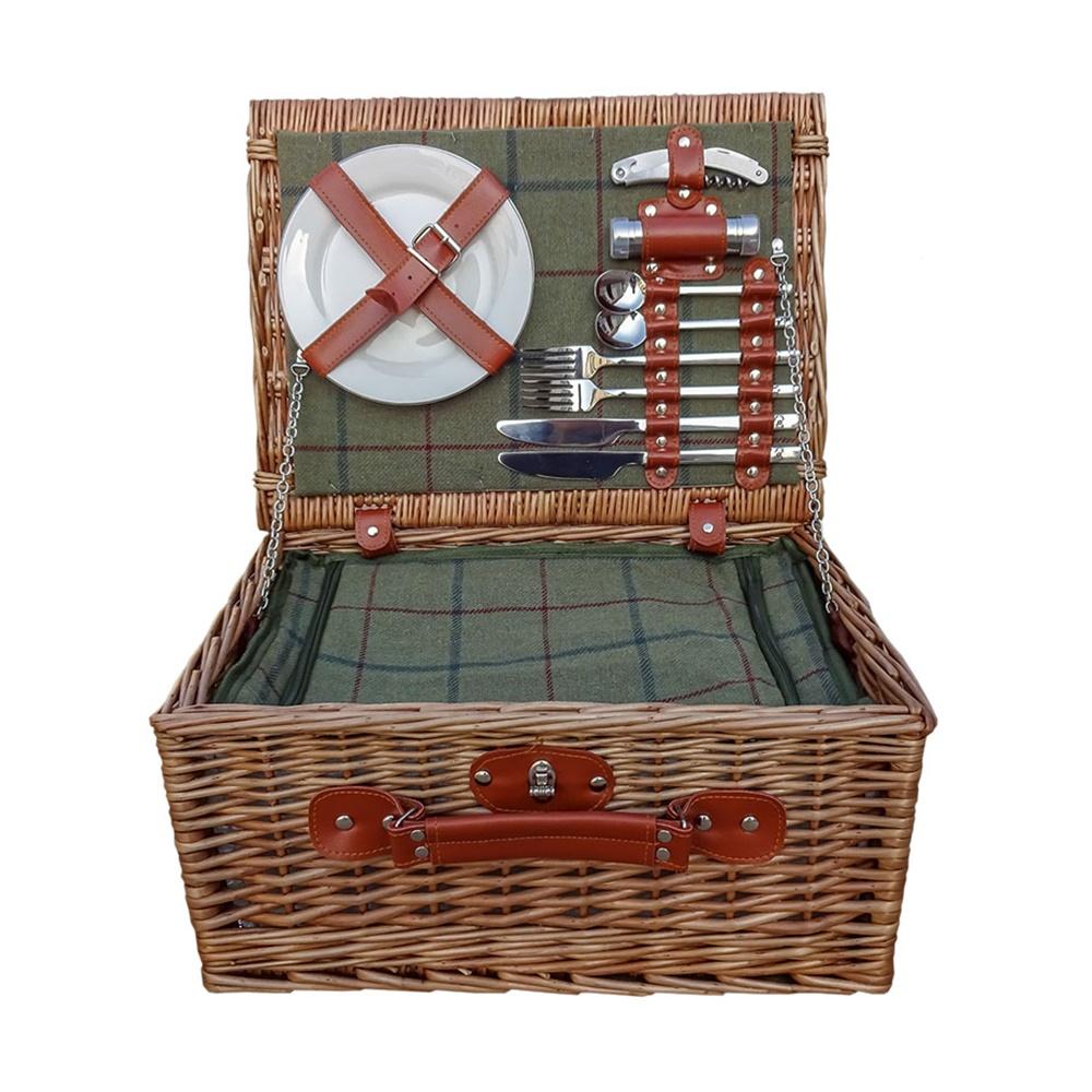 Red Hamper Badminton 2 Person Green Tweed Fitted Picnic Wicker Basket