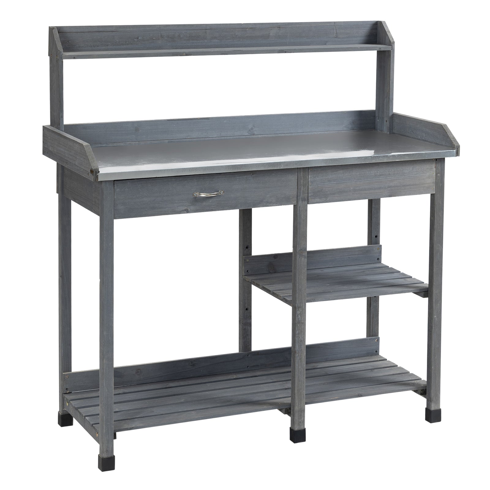 Potting Table, Galvanized Metal Tabletop, Shelves | Gray