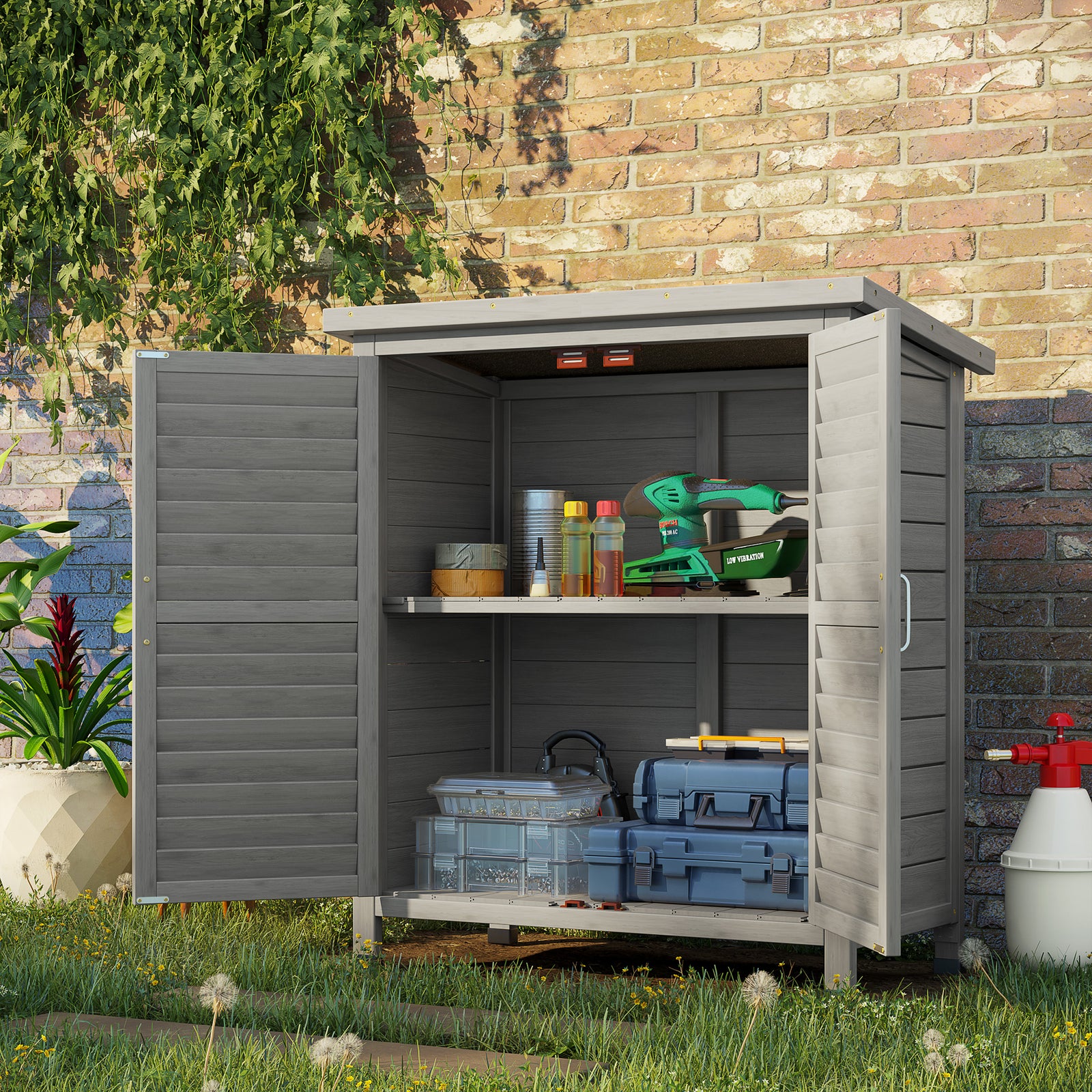 Garden Storage Shed Solid Fir Wood Garage Organisation | Gray