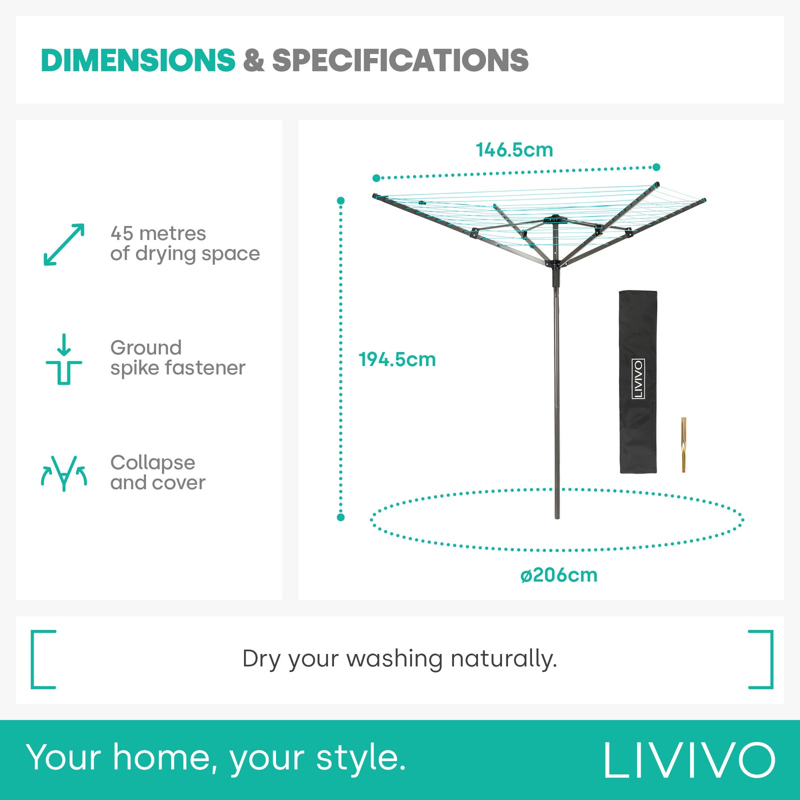 Livivo 4-arm Rotary Clothes Airer - Charcoal
