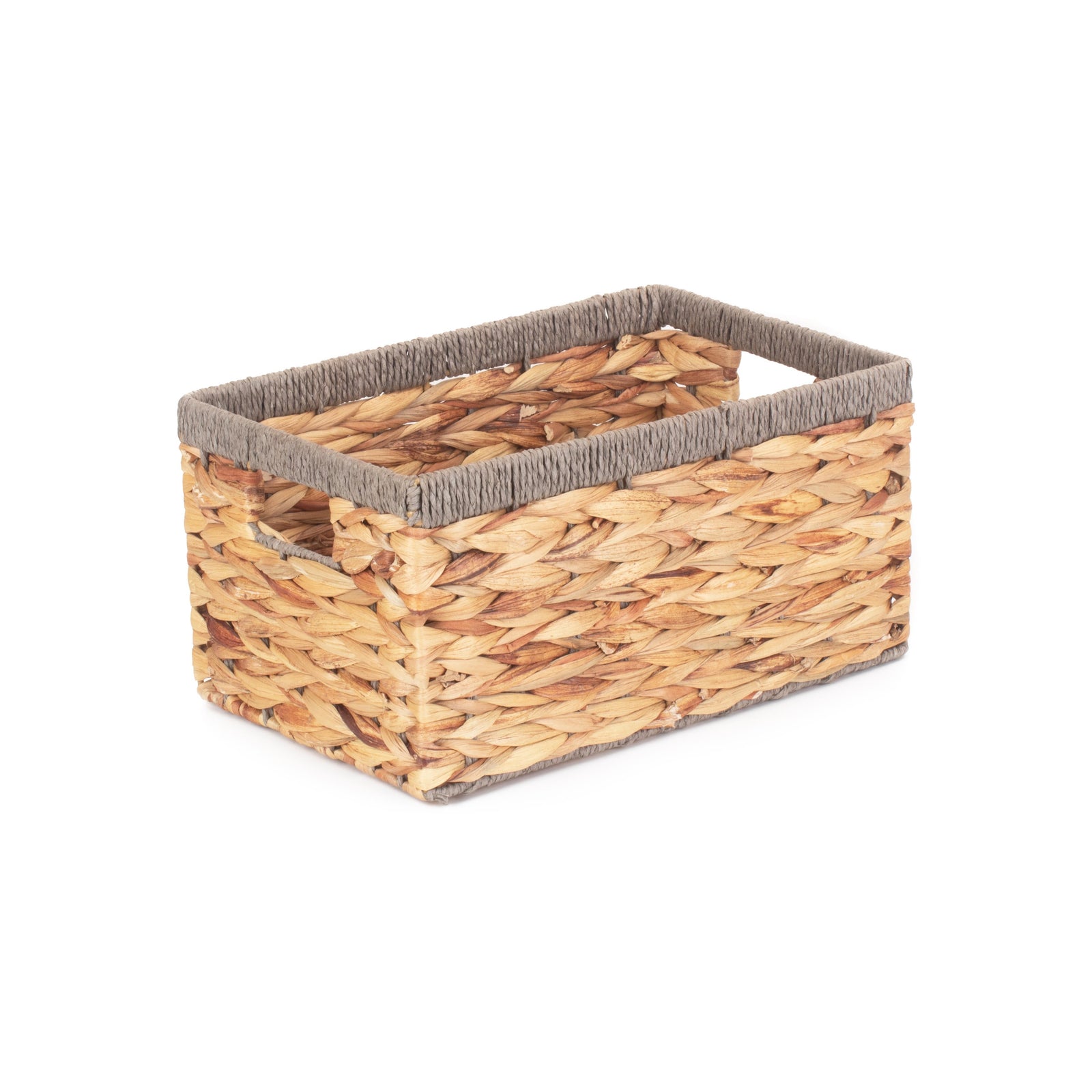 Water Hyacinth With Grey Rope Border Rectangular Storage Basket | Small | Brown