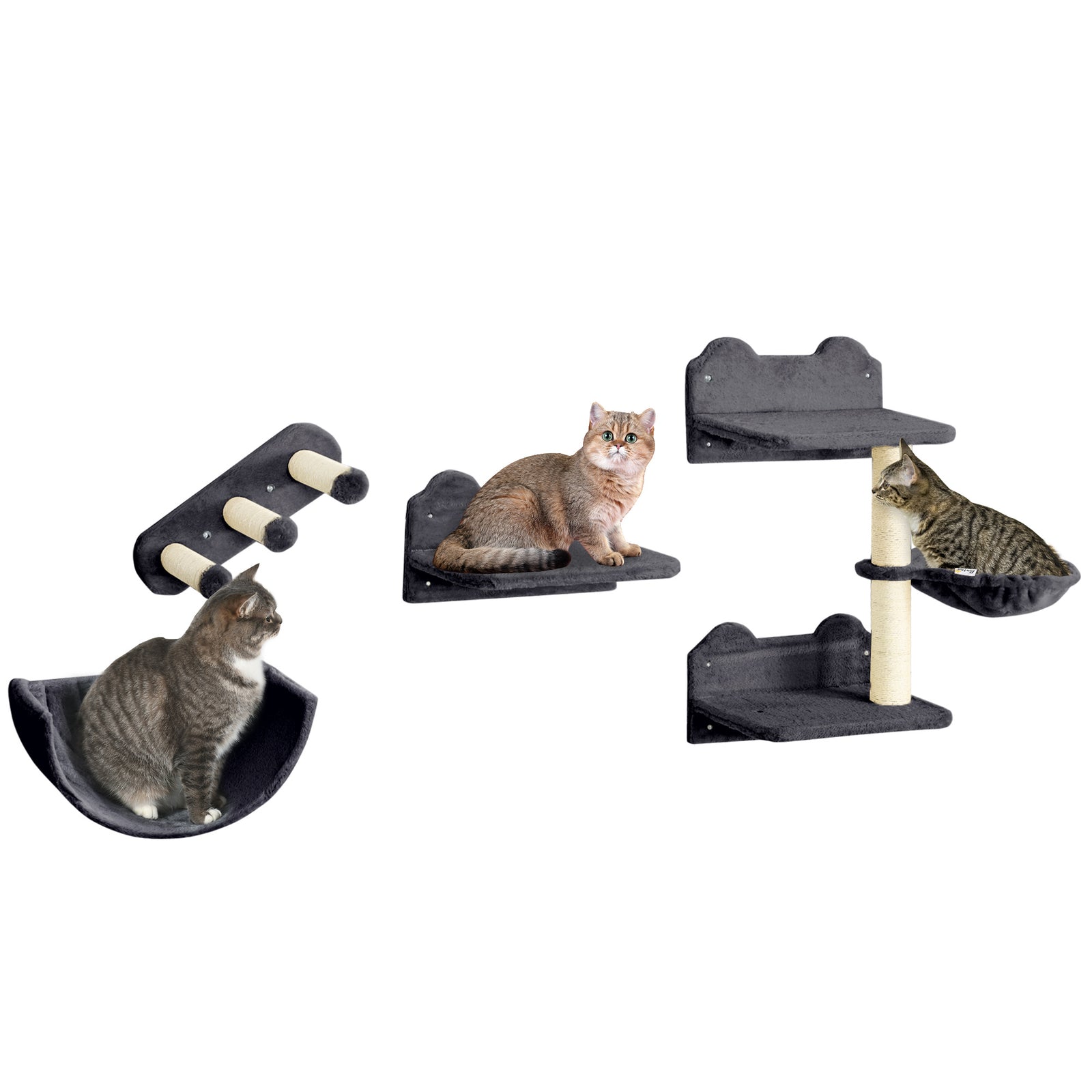 4pcs Wall Mounted Cat Tree Cat Wall Shelves W/ Scratching Post | Dark Gray