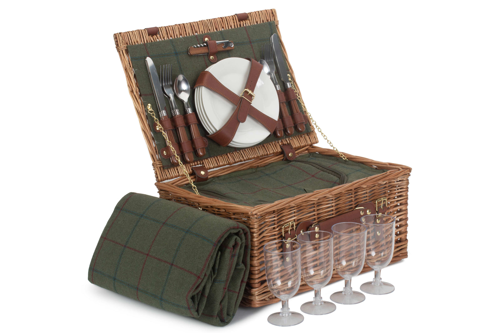 Green Tweed Classic Picnic Wicker Basket | 4-Person | Green