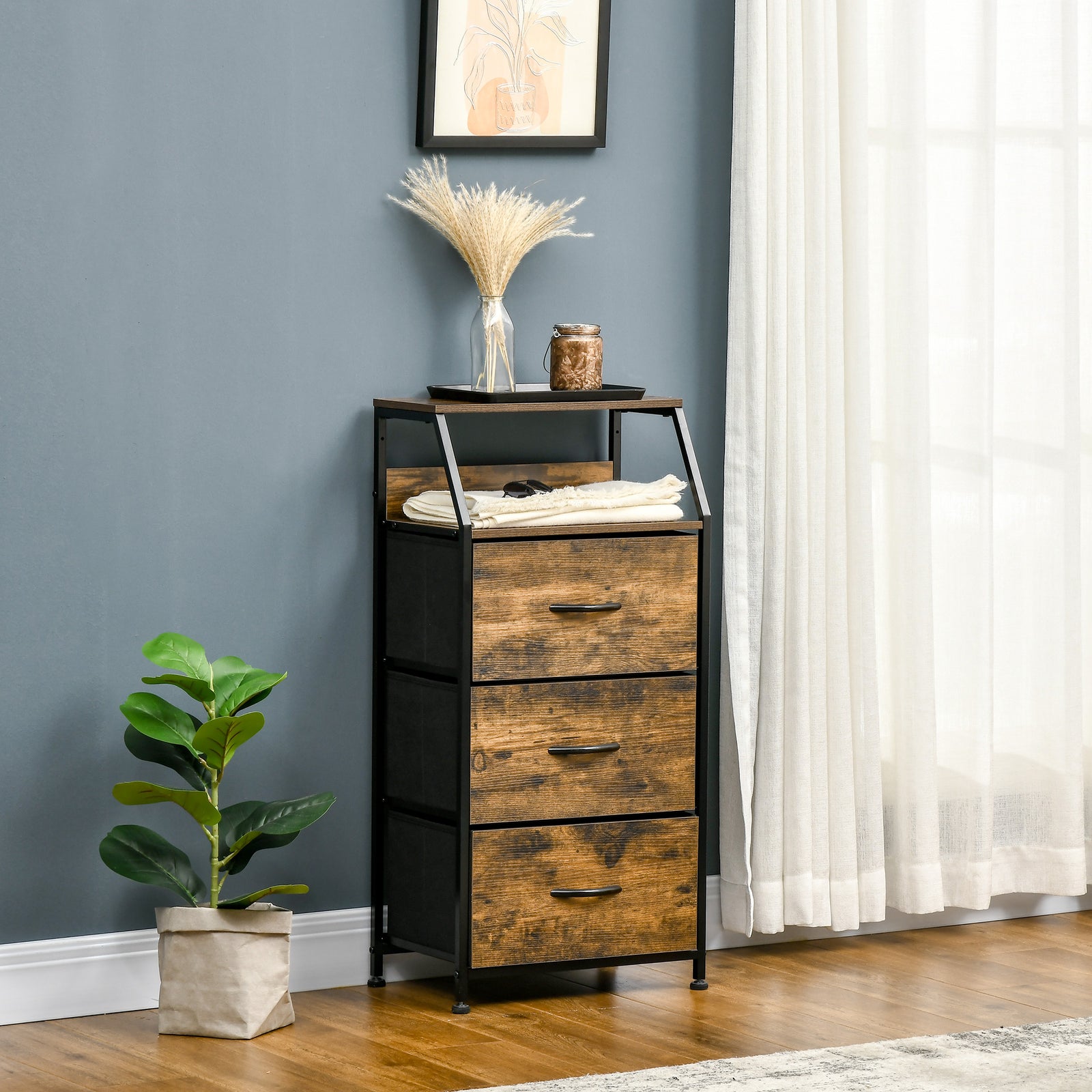 Industrial 3 Drawers Storage Cabinet W/ Display Shelves