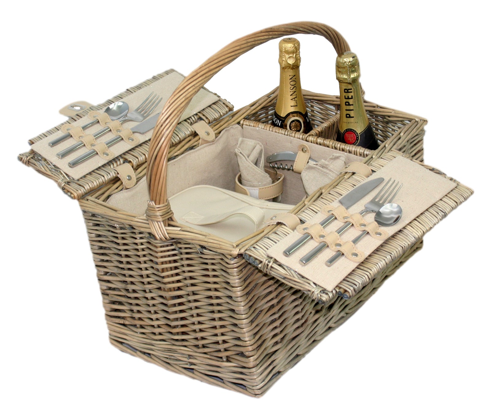 Wicker Double Lidded Fitted Picnic Basket | 2-Person | White