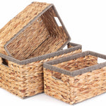 Water Hyacinth With Grey Rope Border Rectangular Storage Basket | Set-of-3 | Brown