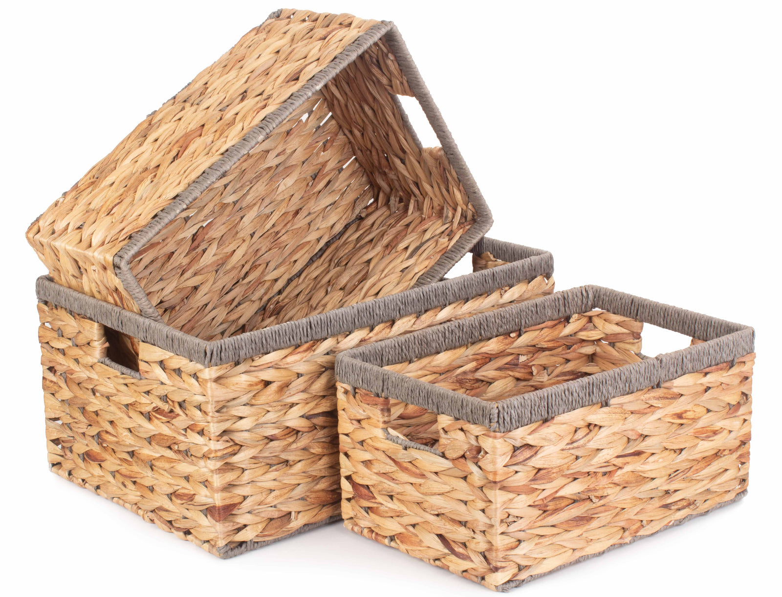 Water Hyacinth With Grey Rope Border Rectangular Storage Basket | Set-of-3 | Brown