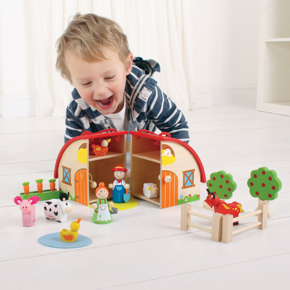 Wooden Mini Farm Playset, Includes Farmers & 6 Animals