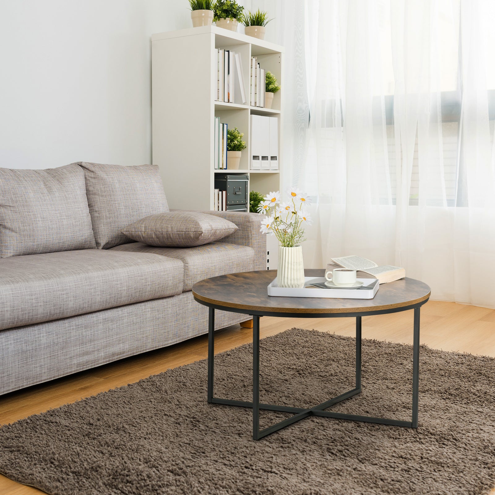 Industrial Round Coffee Table, Metal Frame