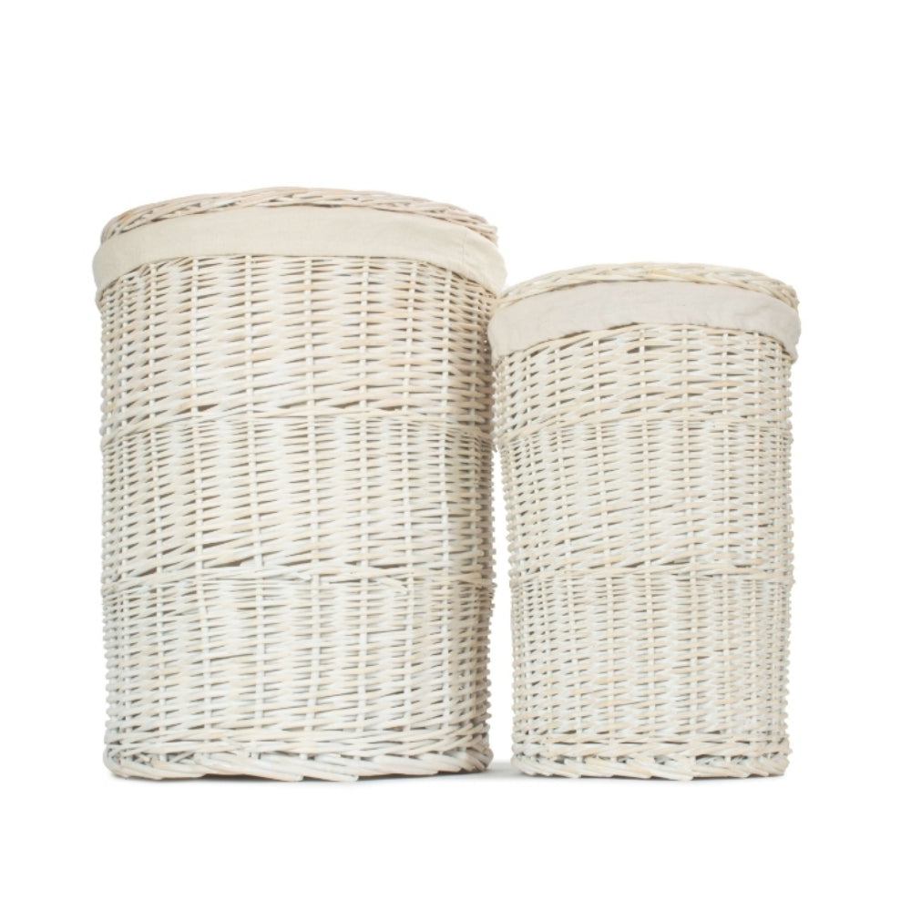 White Oatmeal Cotton Lined Round White Wash Laundry Basket | Set-of-2 | White