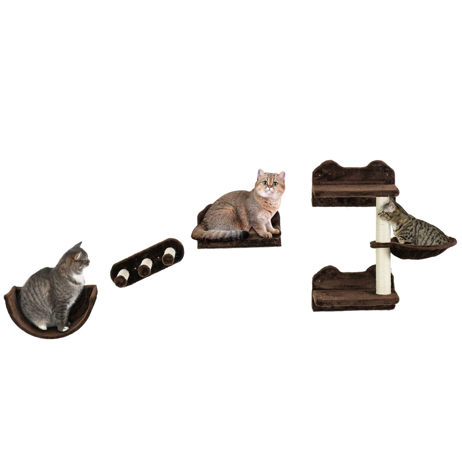 4pcs Wall Mounted Cat Tree Cat Wall Shelves W/ Scratching Post | Brown