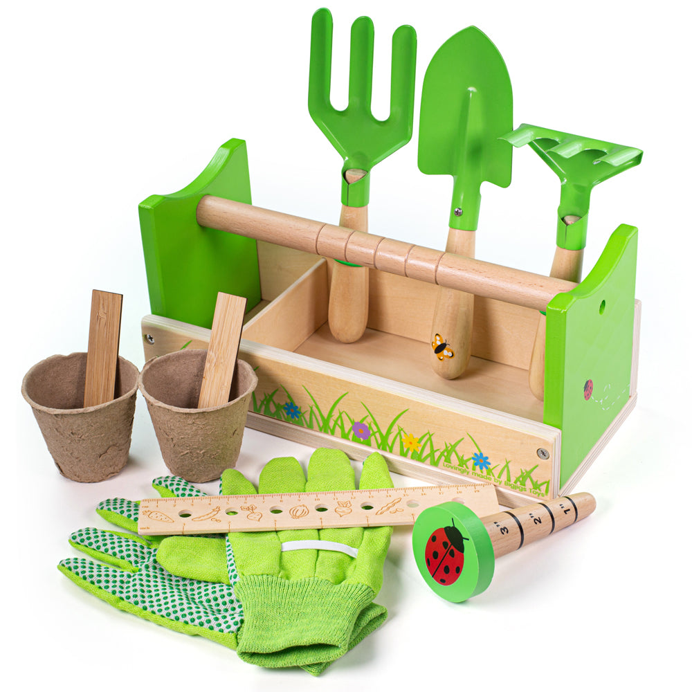 Wooden Gardening Caddy, Includes Gardening Gloves And Tools